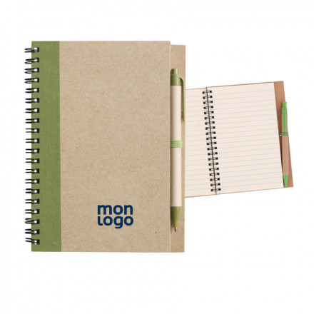 CARNET À SPIRALE LIGNÉ AVEC STYLO RECYCLÉS 'RAMSES'