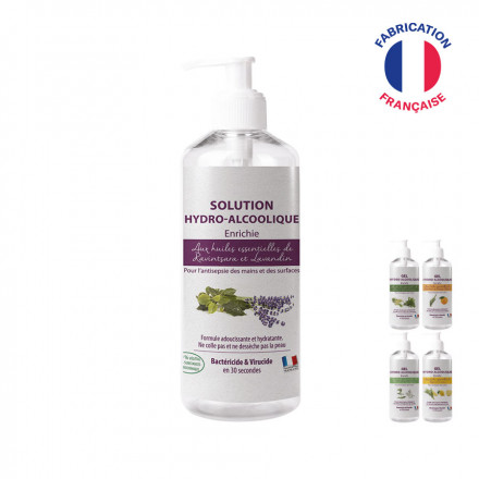 SOLUTION OU GEL HYDROALCOOLIQUE AUX HUILES ESSENTIELLES BIO EN FLACON A BOUTON POUSSOIR 1L 'APOLLINE'