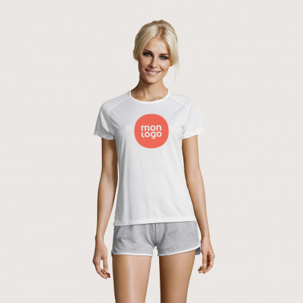 TEE SHIRT PUBLICITAIRE RESPIRANT FEMME BLANC 'SPORTY' 140 GR/M²
