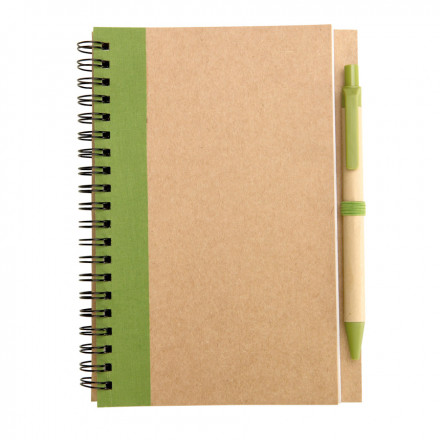 CARNET À SPIRALE LIGNÉ AVEC STYLO RECYCLÉS 'RAMSES' - vert clair