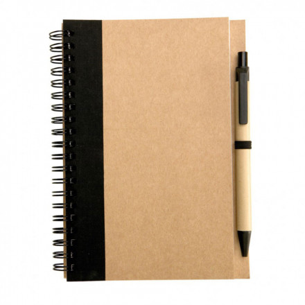 CARNET À SPIRALE LIGNÉ AVEC STYLO RECYCLÉS 'RAMSES' - noir