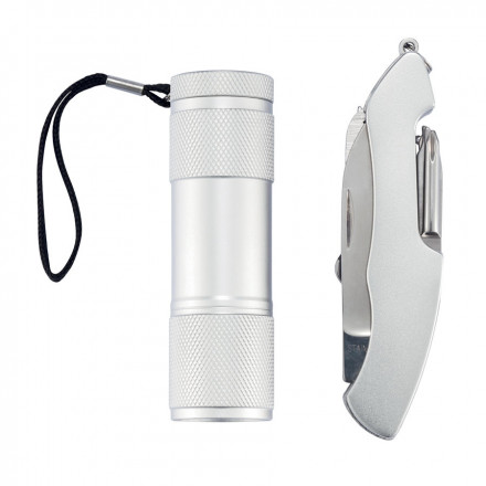 SET DE COUTEAU DE POCHE 13 FONCTIONS ET LAMPE 'LASKO' - argenté