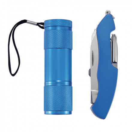 SET DE COUTEAU DE POCHE 13 FONCTIONS ET LAMPE 'LASKO' - bleu