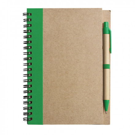CARNET À SPIRALE LIGNÉ AVEC STYLO RECYCLÉS 'RAMSES' - vert foncé