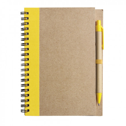 CARNET À SPIRALE LIGNÉ AVEC STYLO RECYCLÉS 'RAMSES' - jaune