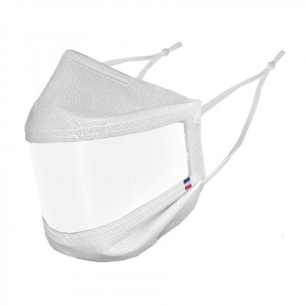 MASQUE UNS1 PUBLICITAIRE - MASQUE TRANSPARENT GRAND PUBLIC FILTRATION SUPÉRIEURE À 94% - 50 LAVAGES 'SMILY' - blanc