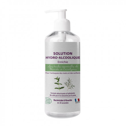 SOLUTION OU GEL HYDROALCOOLIQUE AUX HUILES ESSENTIELLES BIO EN FLACON A BOUTON POUSSOIR 1L 'APOLLINE' - Menthe et Eucalyptus