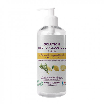 SOLUTION OU GEL HYDROALCOOLIQUE AUX HUILES ESSENTIELLES BIO EN FLACON A BOUTON POUSSOIR 1L 'APOLLINE' - Thym et Citron