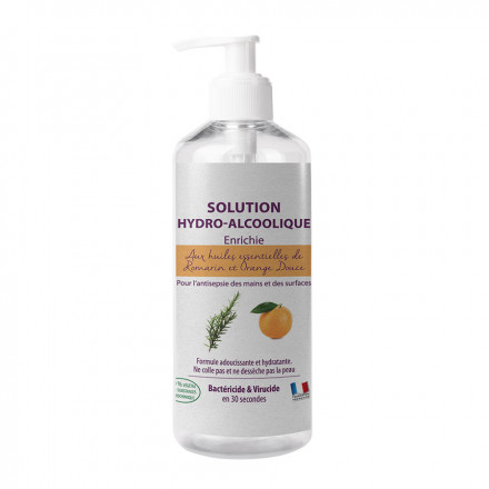 SOLUTION OU GEL HYDROALCOOLIQUE AUX HUILES ESSENTIELLES BIO EN FLACON A BOUTON POUSSOIR 1L 'APOLLINE' - Romarin et Orange Douce