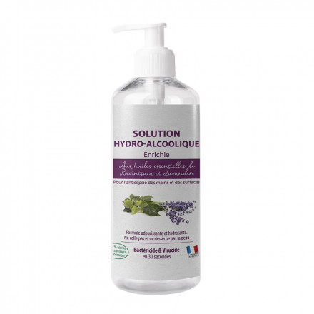 SOLUTION OU GEL HYDROALCOOLIQUE AUX HUILES ESSENTIELLES BIO EN FLACON A BOUTON POUSSOIR 1L 'APOLLINE' - Ravintsara et Lavandin