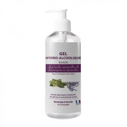 SOLUTION OU GEL HYDROALCOOLIQUE AUX HUILES ESSENTIELLES BIO EN FLACON A BOUTON POUSSOIR 1L 'APOLLINE' - Ravintsara et lavandin